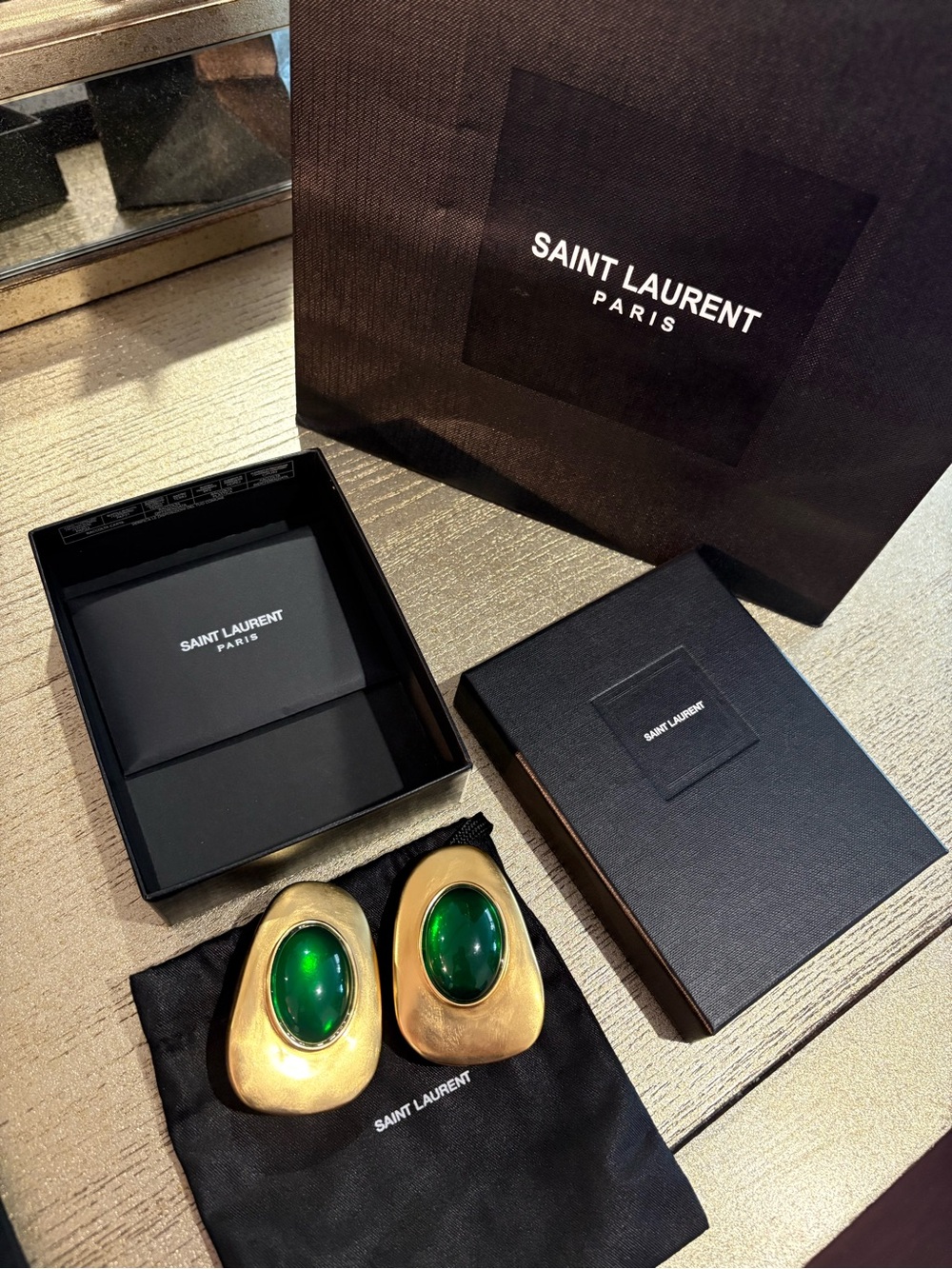 SAINT LAURENT Cabochon Clip-On Earrings Gold Tone Metal Green Resin Gemstone - Picture 2 of 16